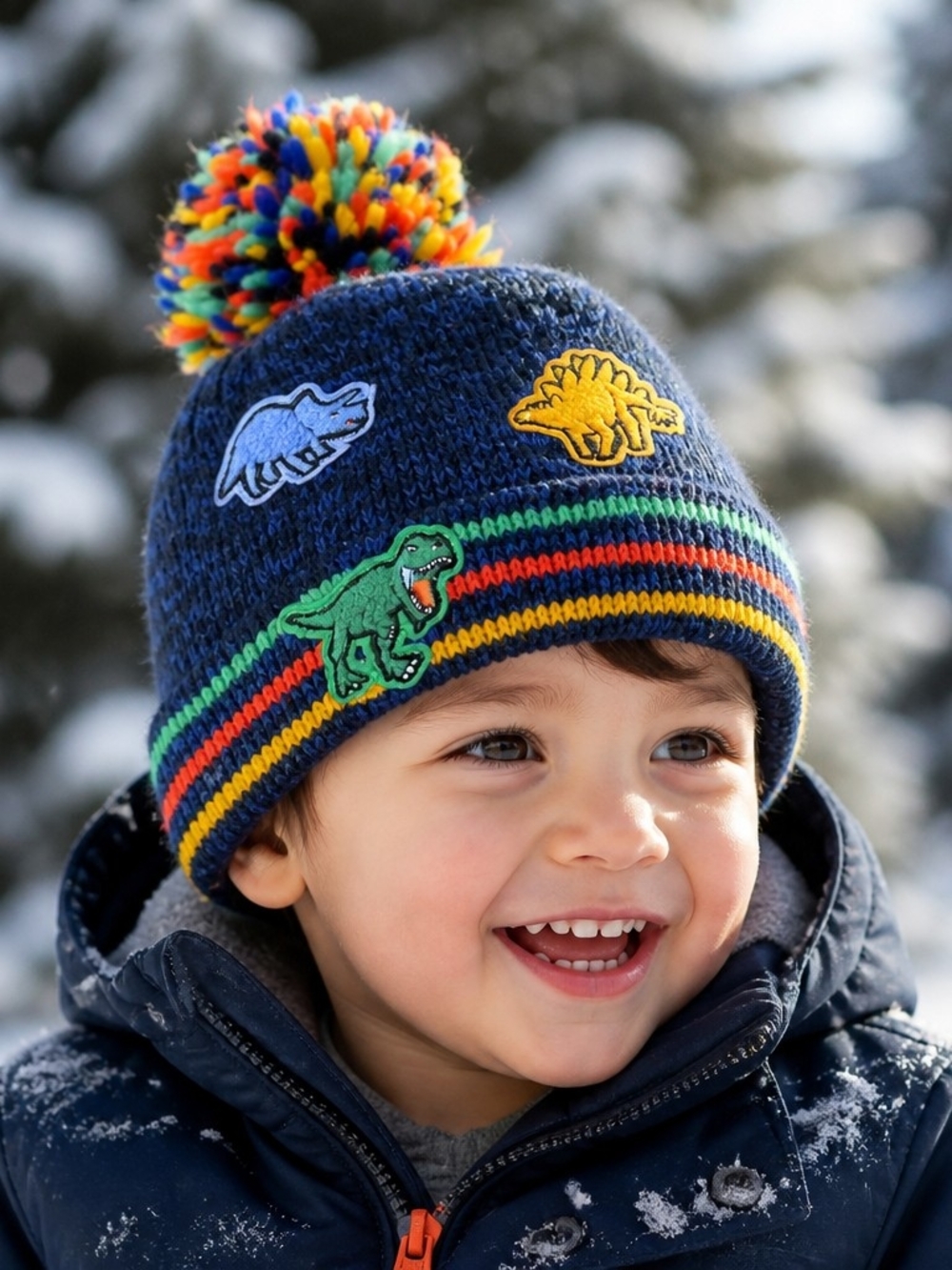 The Children's Place Navy Blue Dinosaur Pom-Pom Knit Hat with Multicolor Stripes